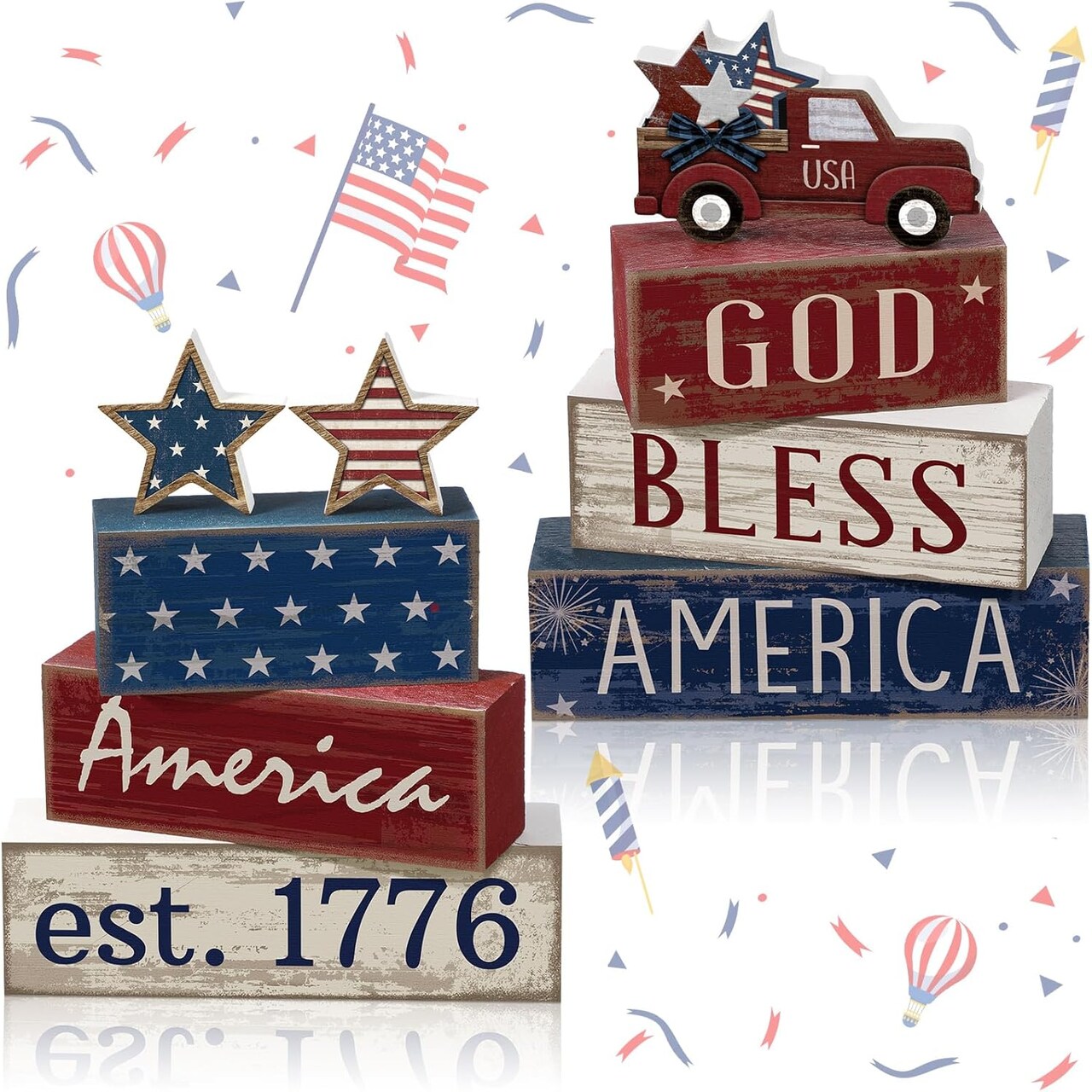 9 Pcs 4th of July Tabletop Decorations Memorial Day Decorations Patriotic Tiered Tray Decor Wooden Star Truck Block Sign for American Independence Day Tables Desk Mantle Shelf Decoration